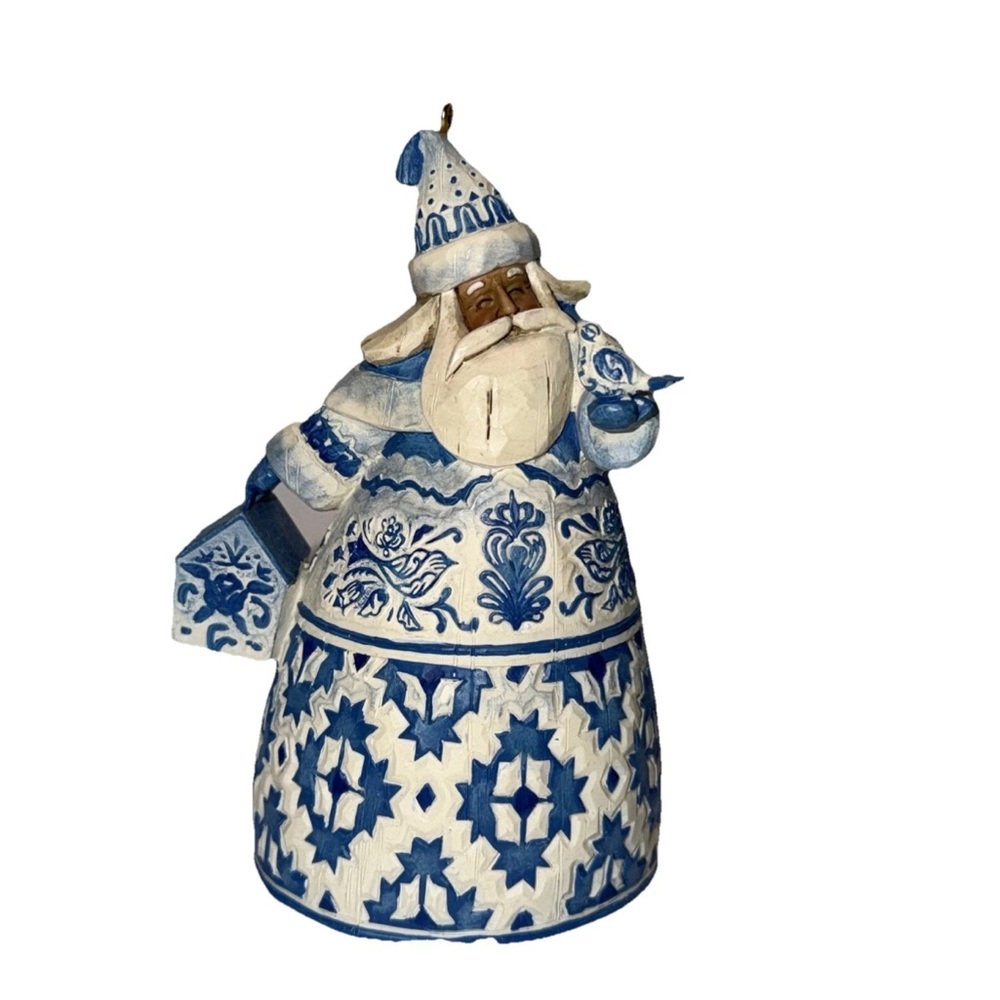Vtg 2004 Jim Shore Santa W Bird Blue Quilt Toile 4 3/4" Figurine Ornament Bell